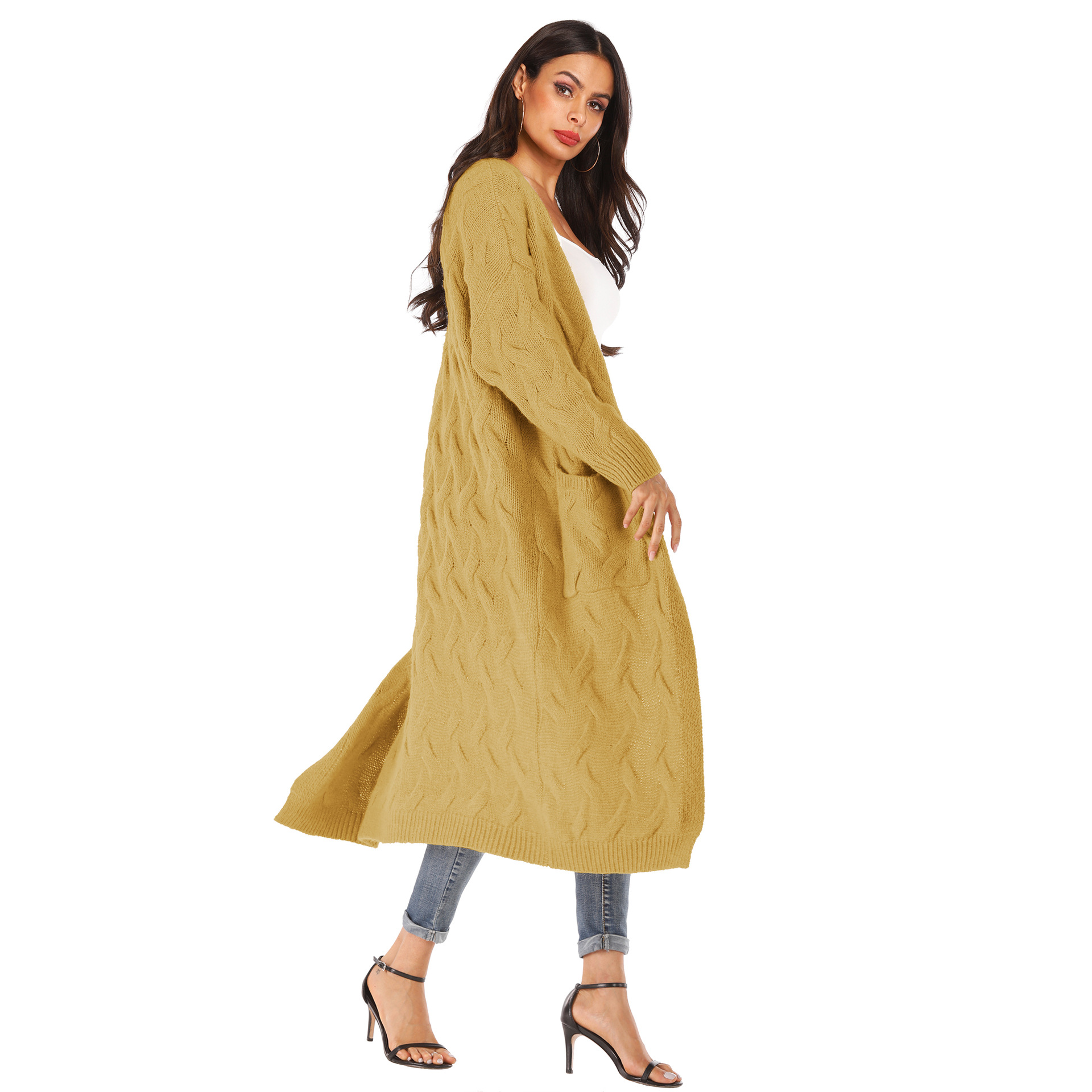 Women's Solid Color Snowflake 3D Irregular Big Pocket Faux Rabbit Fur Thick Sweater Long Cardigan