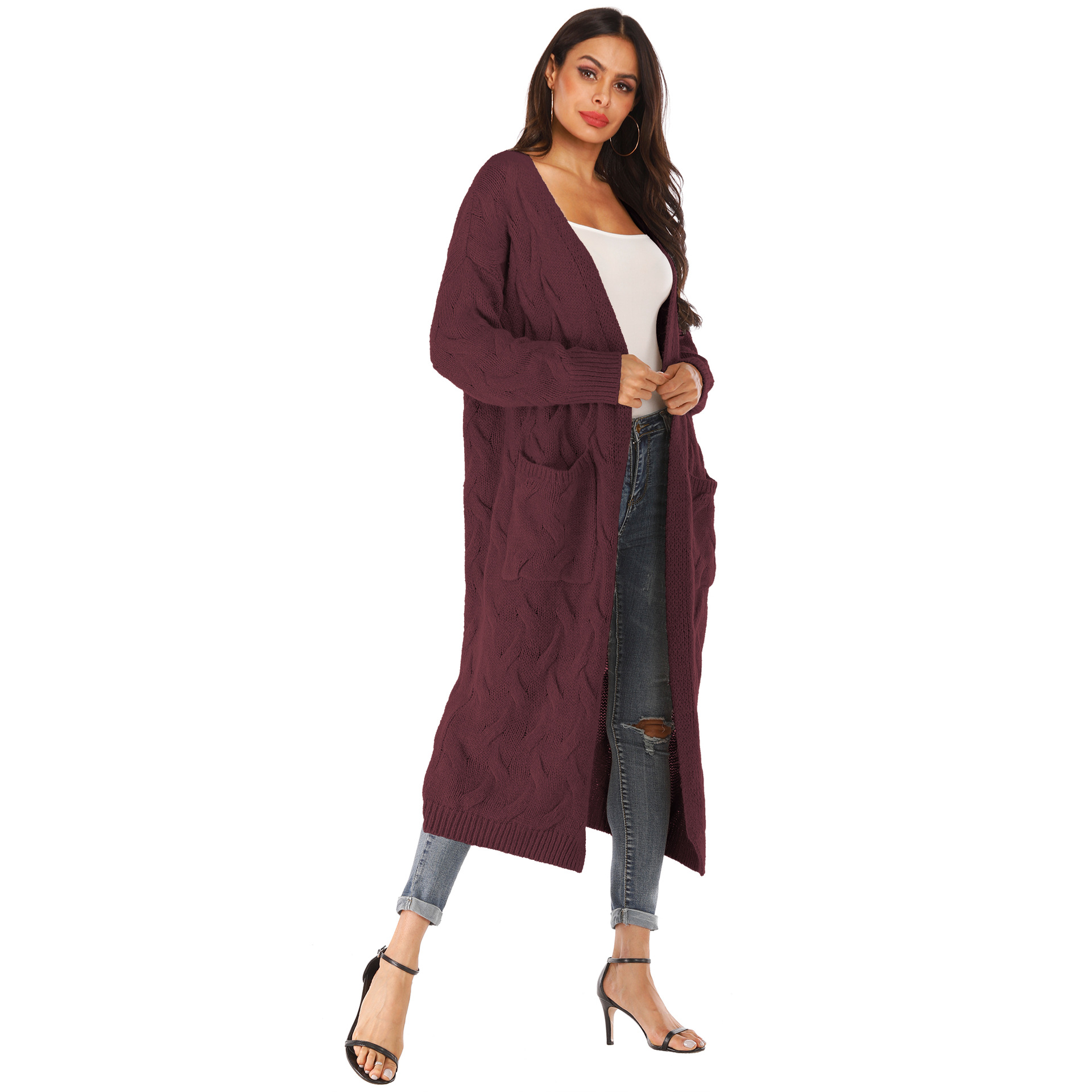 Women's Solid Color Snowflake 3D Irregular Big Pocket Faux Rabbit Fur Thick Sweater Long Cardigan