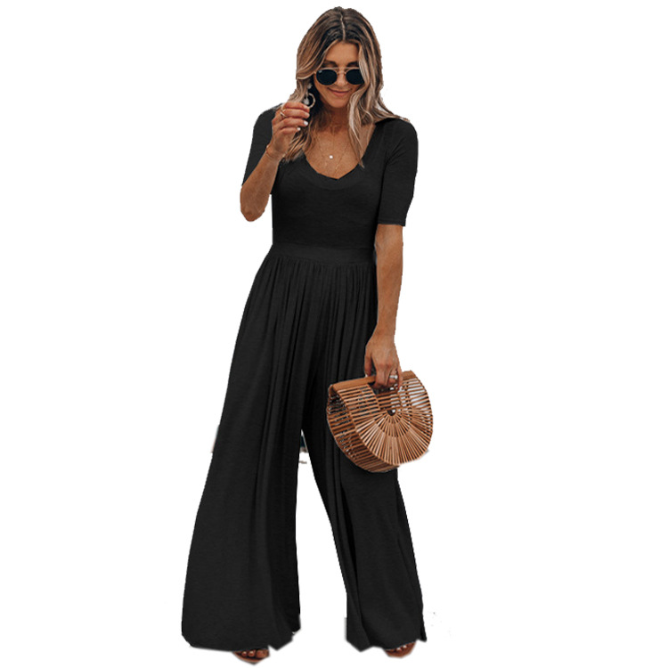Women's Solid Short Sleeve Wide Leg Loose Jumpsuit Casual