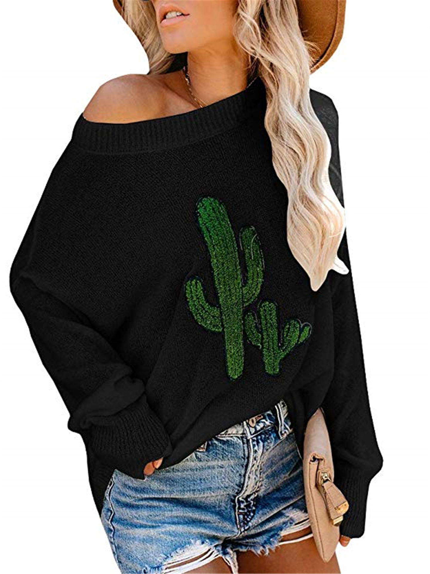 Women's Distressed Knit Pullover Sweater with Batwing Sleeves