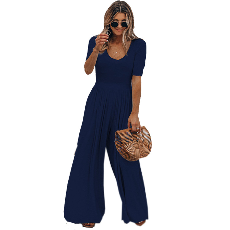 Women's Solid Short Sleeve Wide Leg Loose Jumpsuit Casual