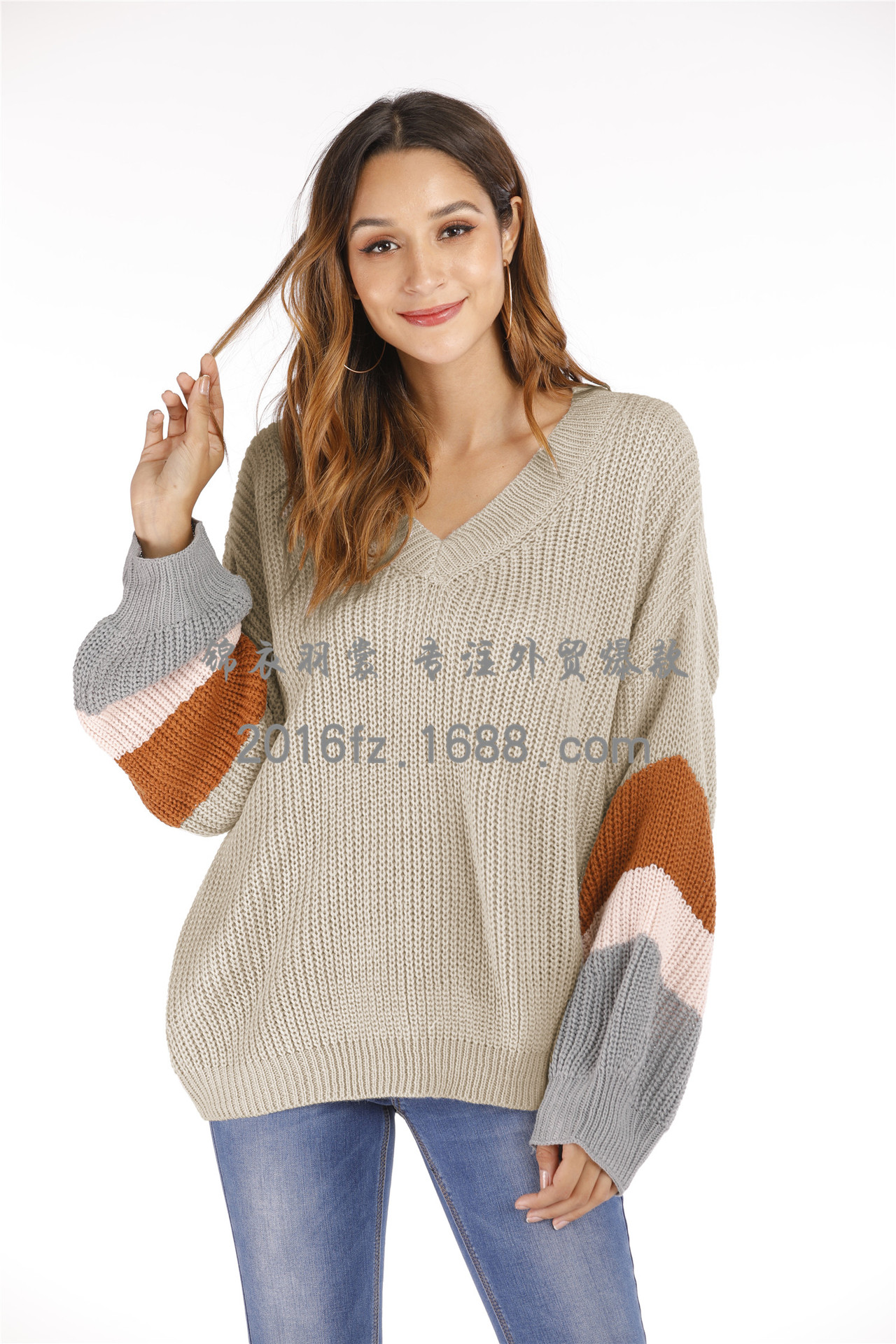 V-Neck Knit Sweater with Lantern Sleeves and Patchwork, Loose Plus-Size Pullover