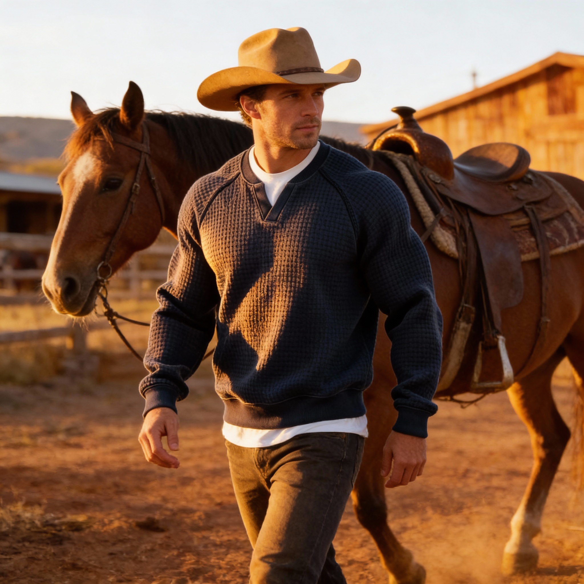 Model wearing the faux two-piece sweatshirt, side view