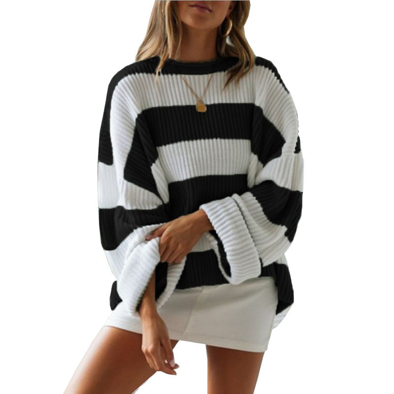 Women's Striped Color-Block Rolled-Edge Crewneck Knit Sweater