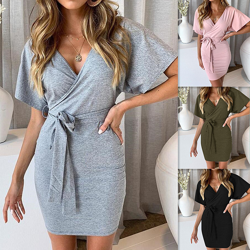 Women's Backless V-Neck Tie Bodycon Mini Dress