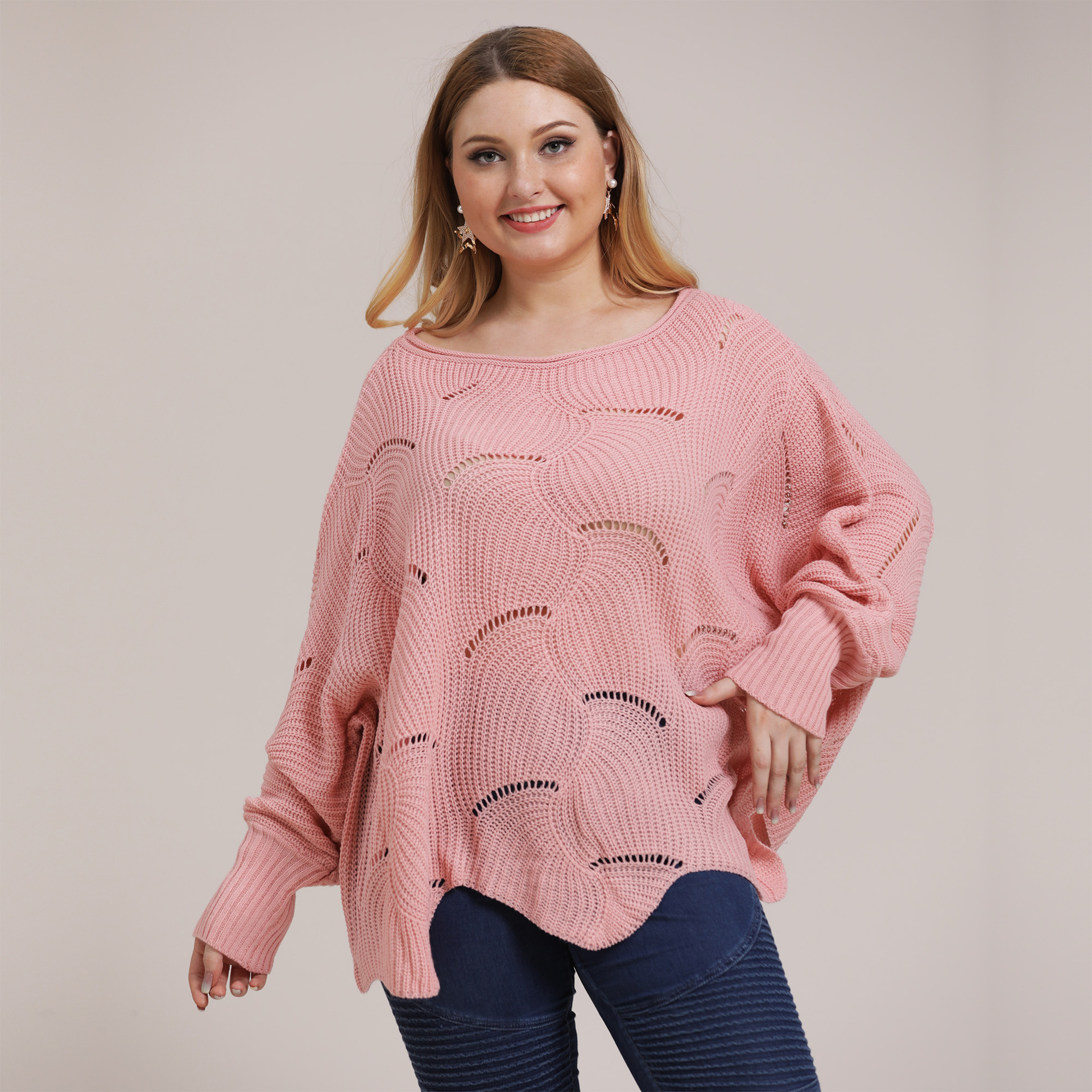 Plus Size Women's Irregular Batwing Sleeve Hollow Out Knit Sweater