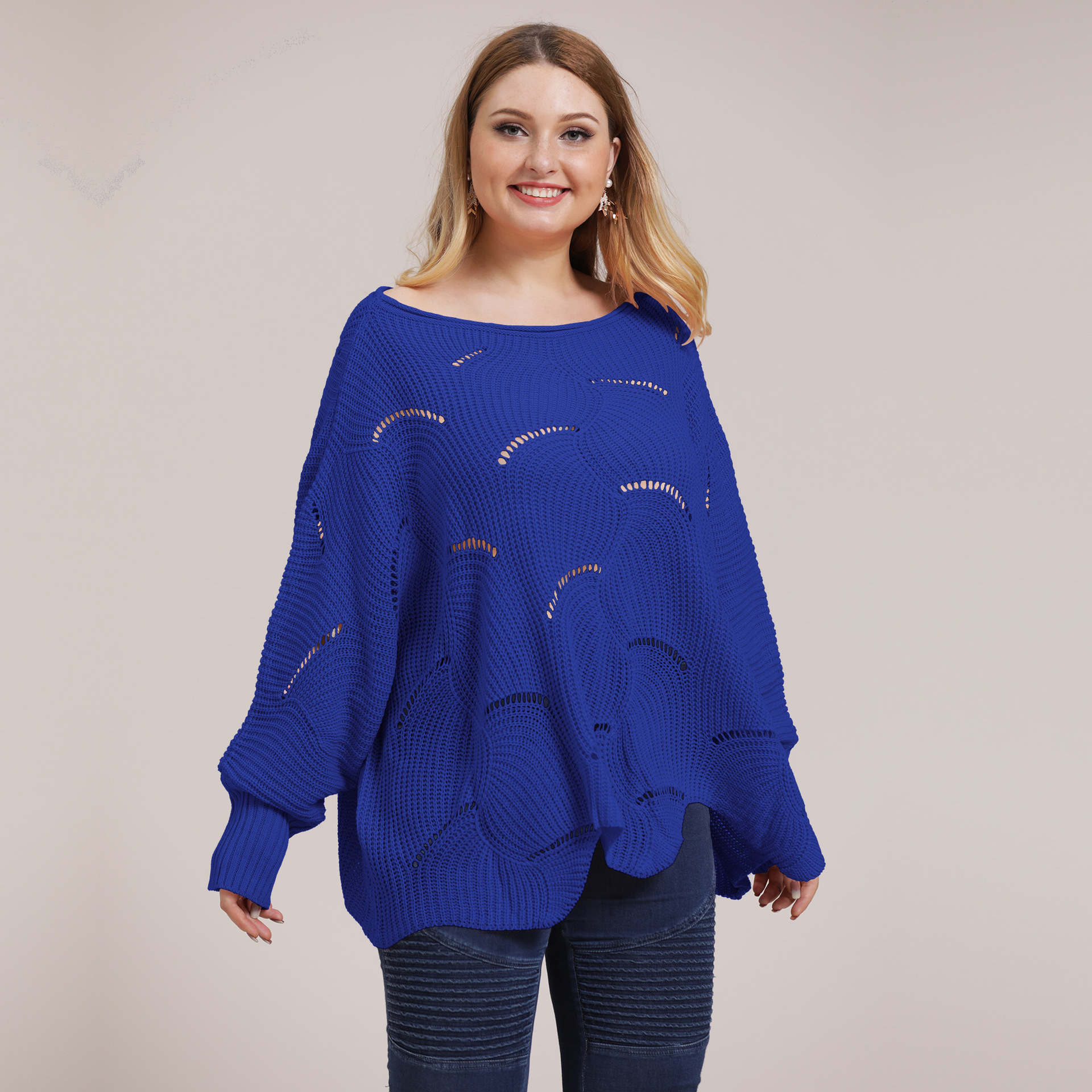 Plus Size Women's Irregular Batwing Sleeve Hollow Out Knit Sweater