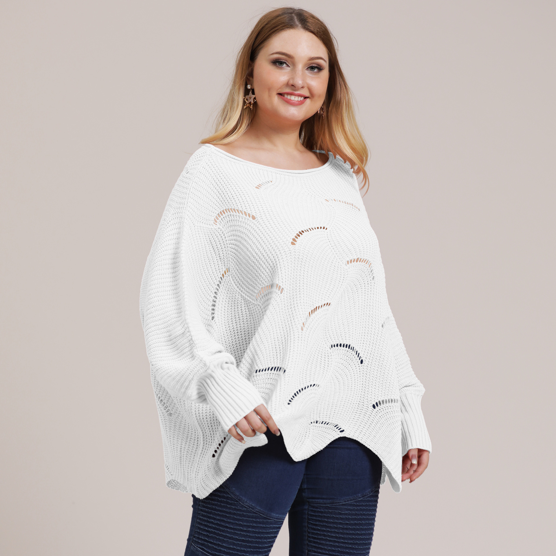 Plus Size Women's Irregular Batwing Sleeve Hollow Out Knit Sweater