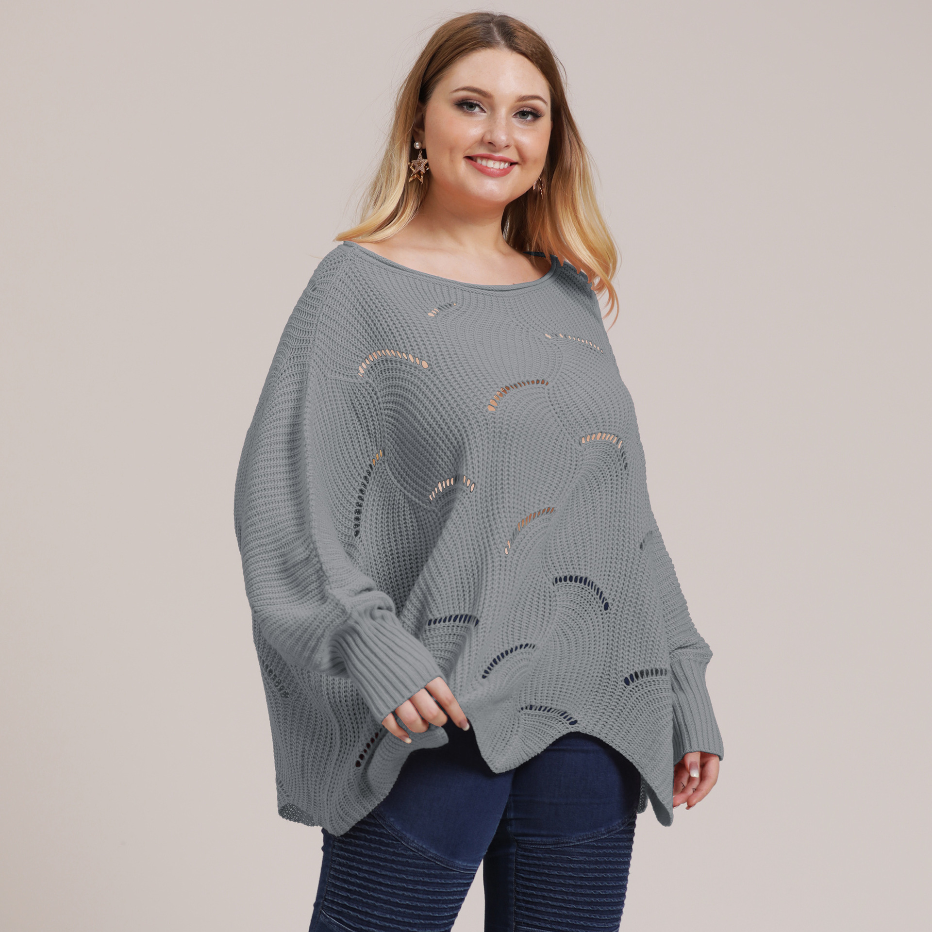 Plus Size Women's Irregular Batwing Sleeve Hollow Out Knit Sweater