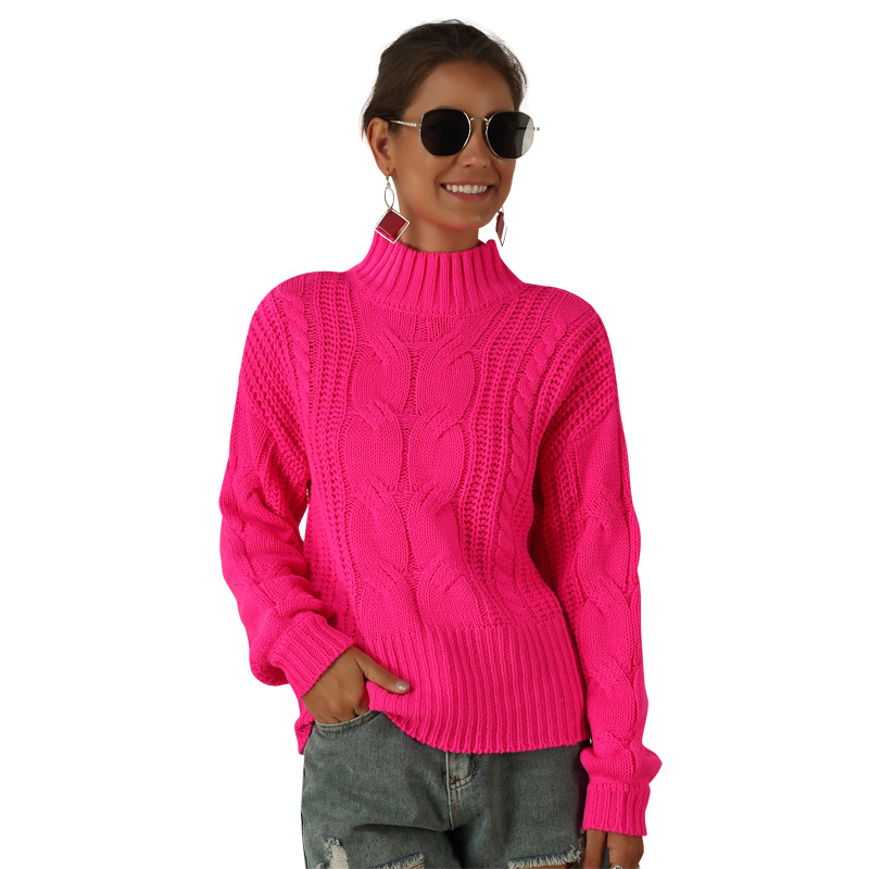 Women's Plus Size Neon Cable Knit Sweater Long Sleeve Mock Neck Pullover