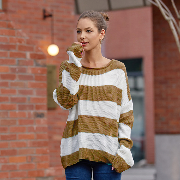 Women's Striped Color-Block Rolled-Edge Crewneck Knit Sweater
