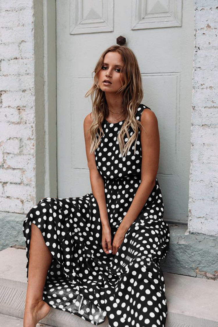 Sweet Polka Dot Sleeveless Midi Dress