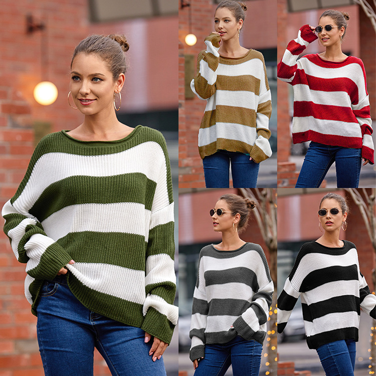 Women's Striped Color-Block Rolled-Edge Crewneck Knit Sweater