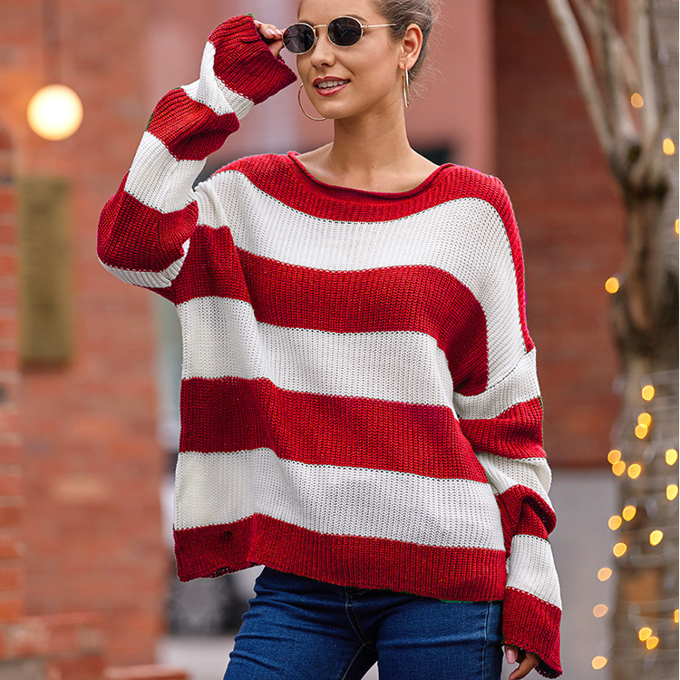 Women's Striped Color-Block Rolled-Edge Crewneck Knit Sweater