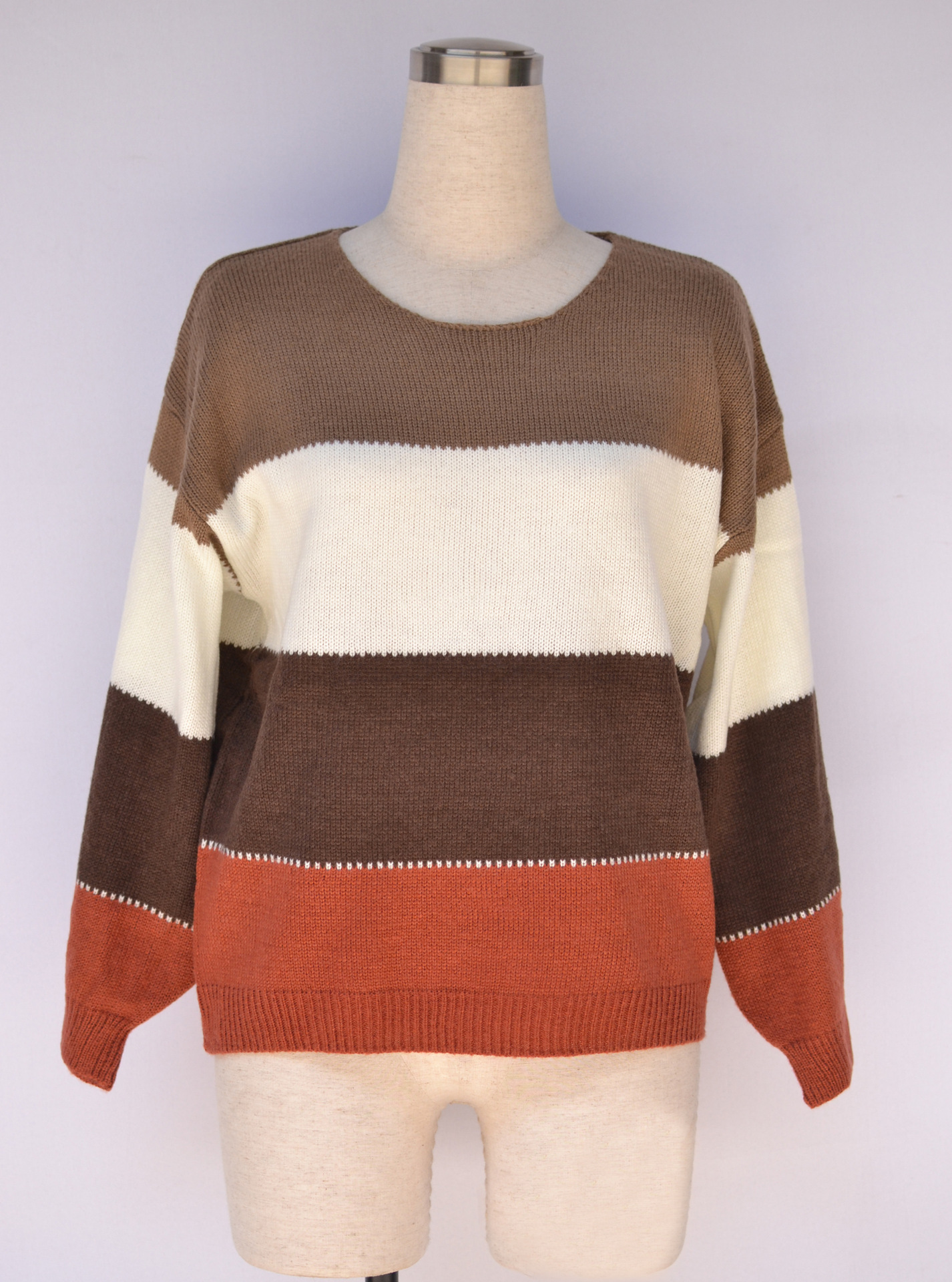 Women's Color-Block Crewneck Midi Loose Knit Sweater