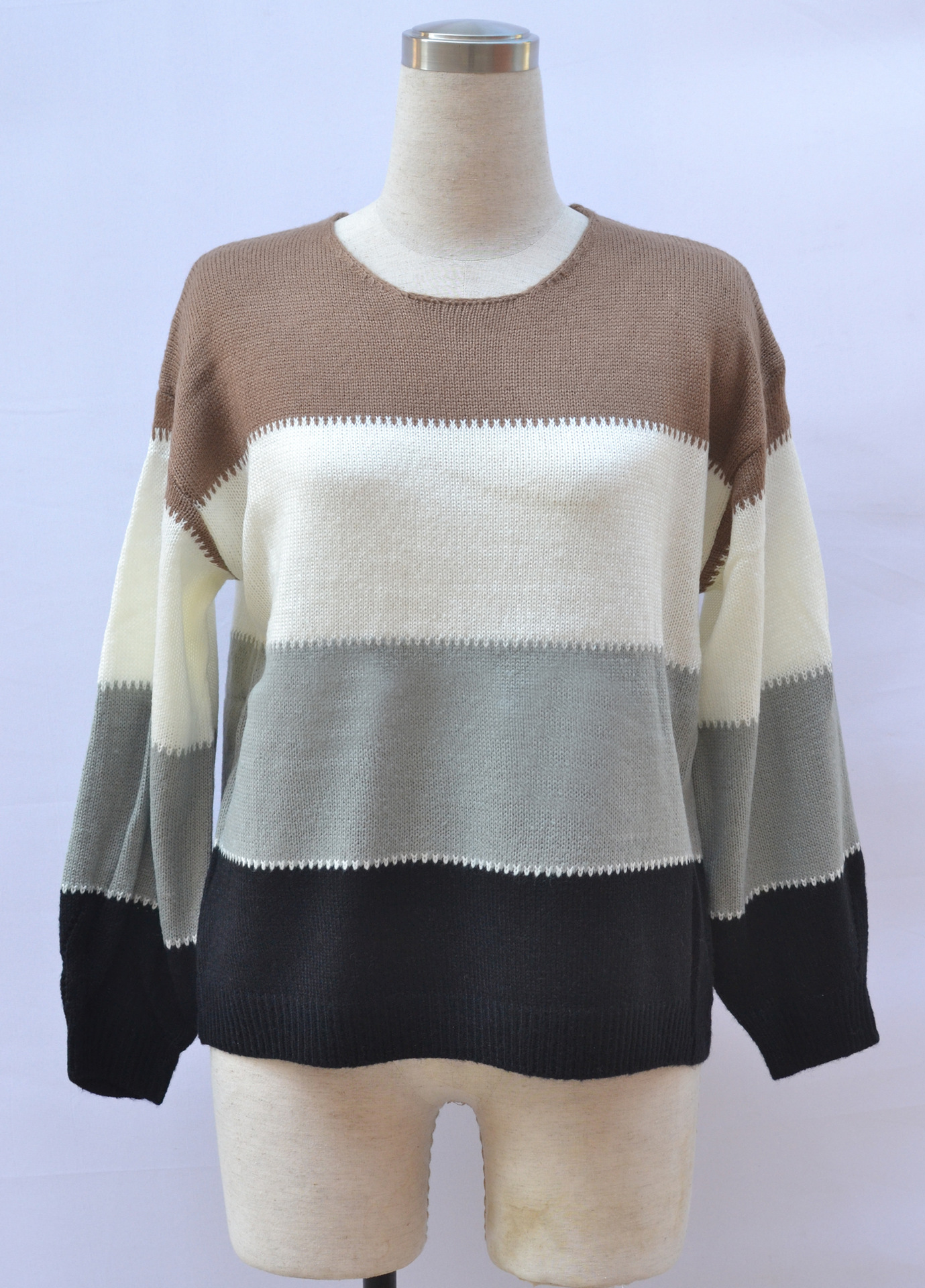 Women's Color-Block Crewneck Midi Loose Knit Sweater