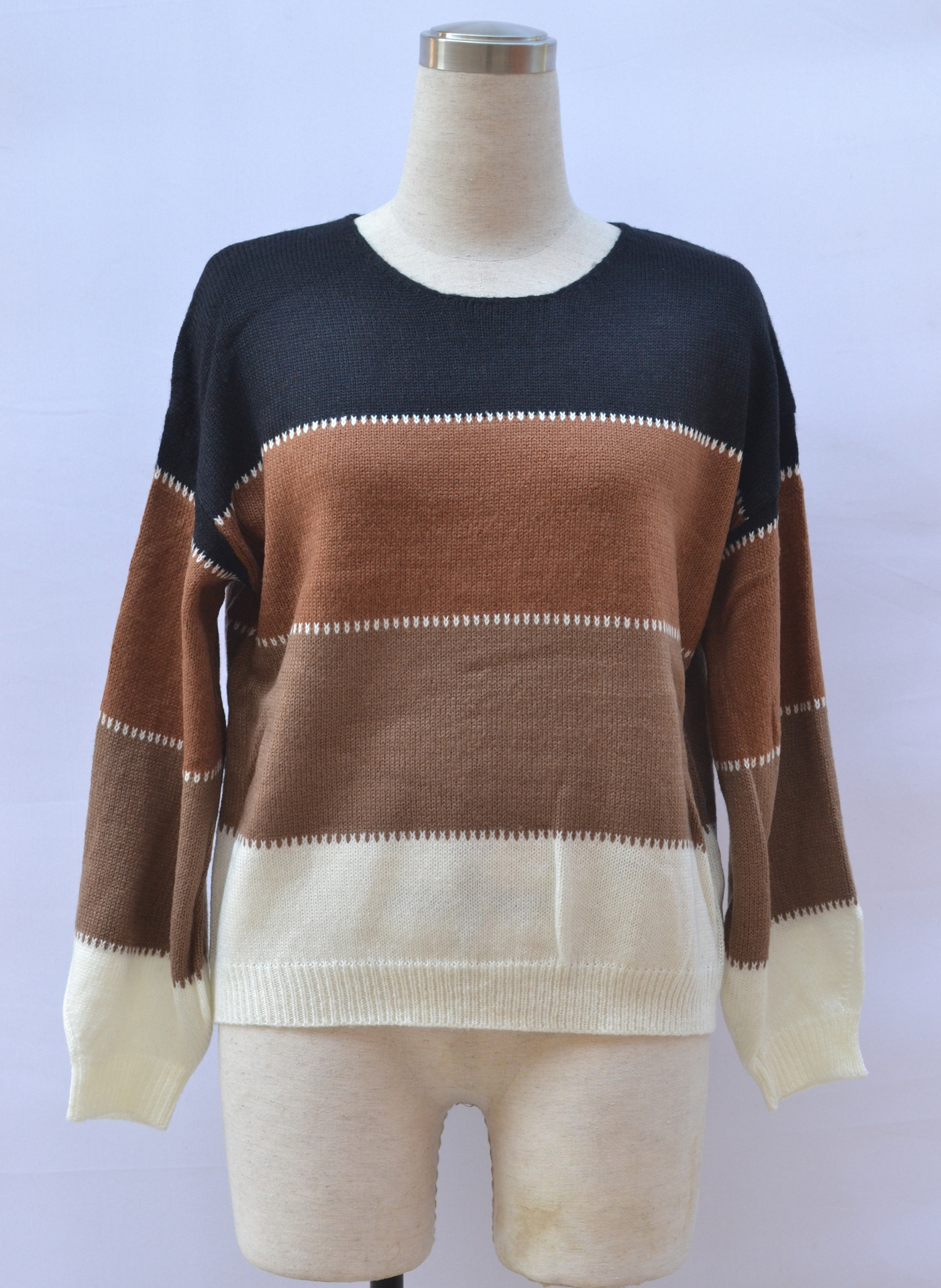 Women's Color-Block Crewneck Midi Loose Knit Sweater