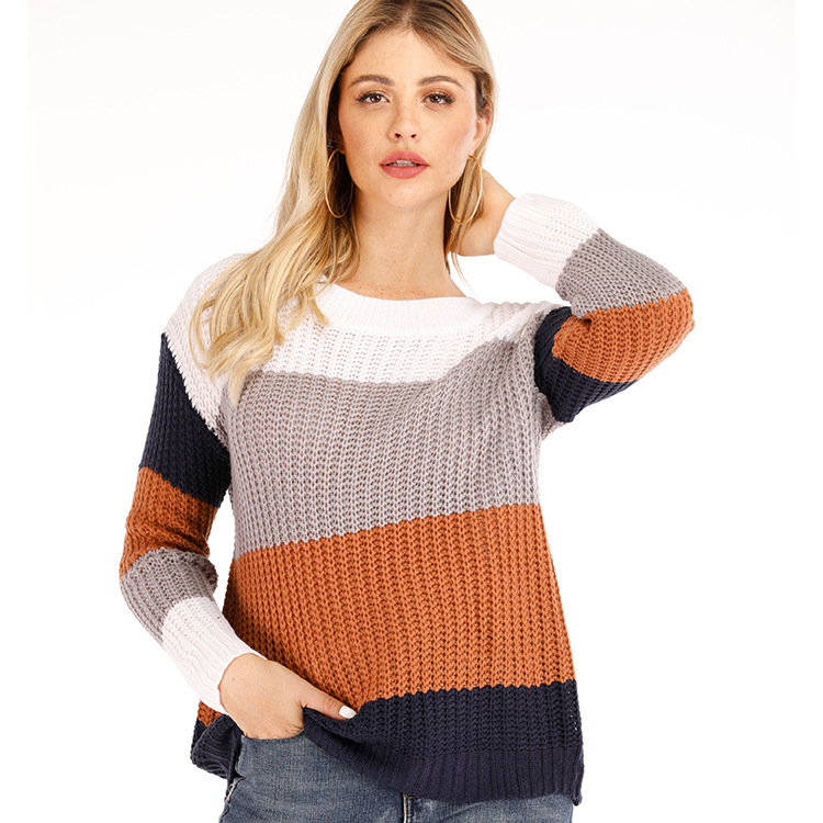 Striped Pullover Sweater Womens Loose Plus Size Rainbow Knit Long Sleeve