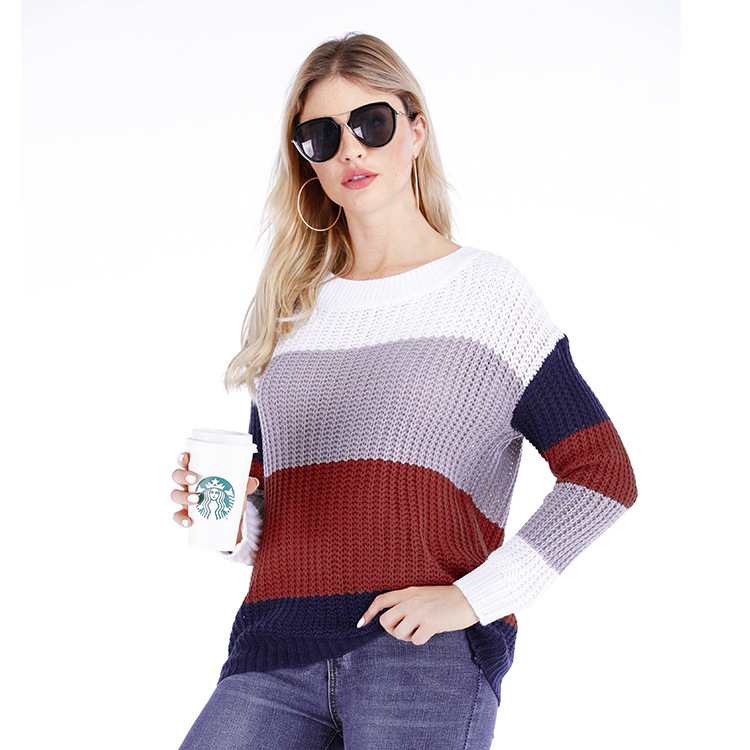 Striped Pullover Sweater Womens Loose Plus Size Rainbow Knit Long Sleeve