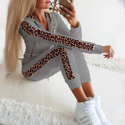 Women's Leopard Print Zip-Up Hoodie and Pants Two-Piece Set