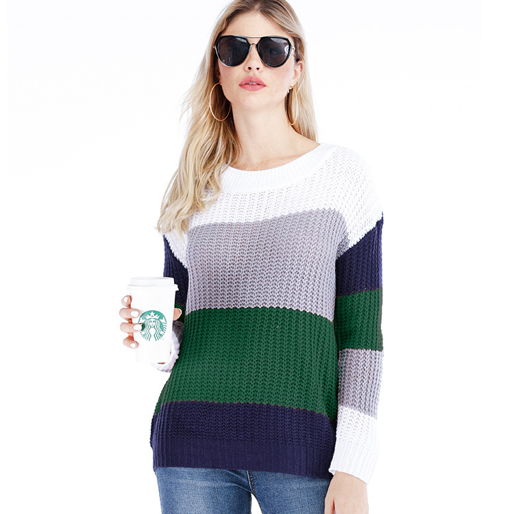 Striped Pullover Sweater Womens Loose Plus Size Rainbow Knit Long Sleeve