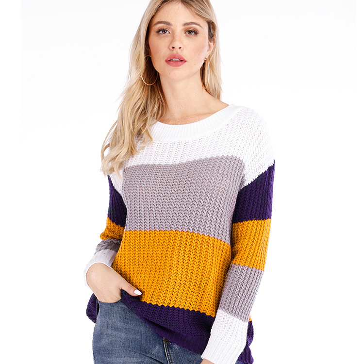Striped Pullover Sweater Womens Loose Plus Size Rainbow Knit Long Sleeve