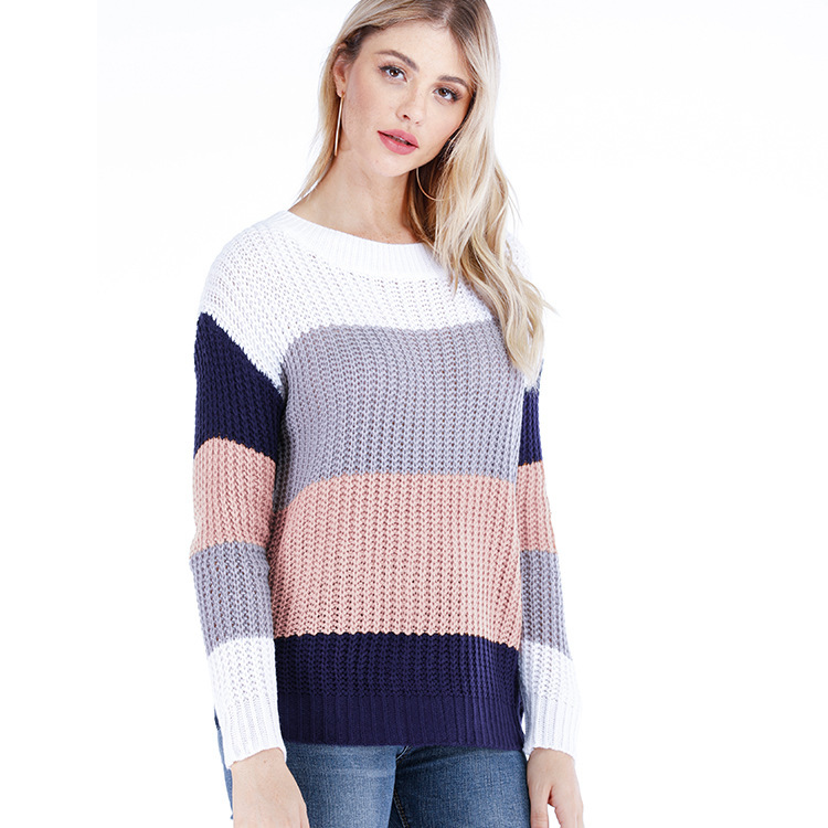 Striped Pullover Sweater Womens Loose Plus Size Rainbow Knit Long Sleeve