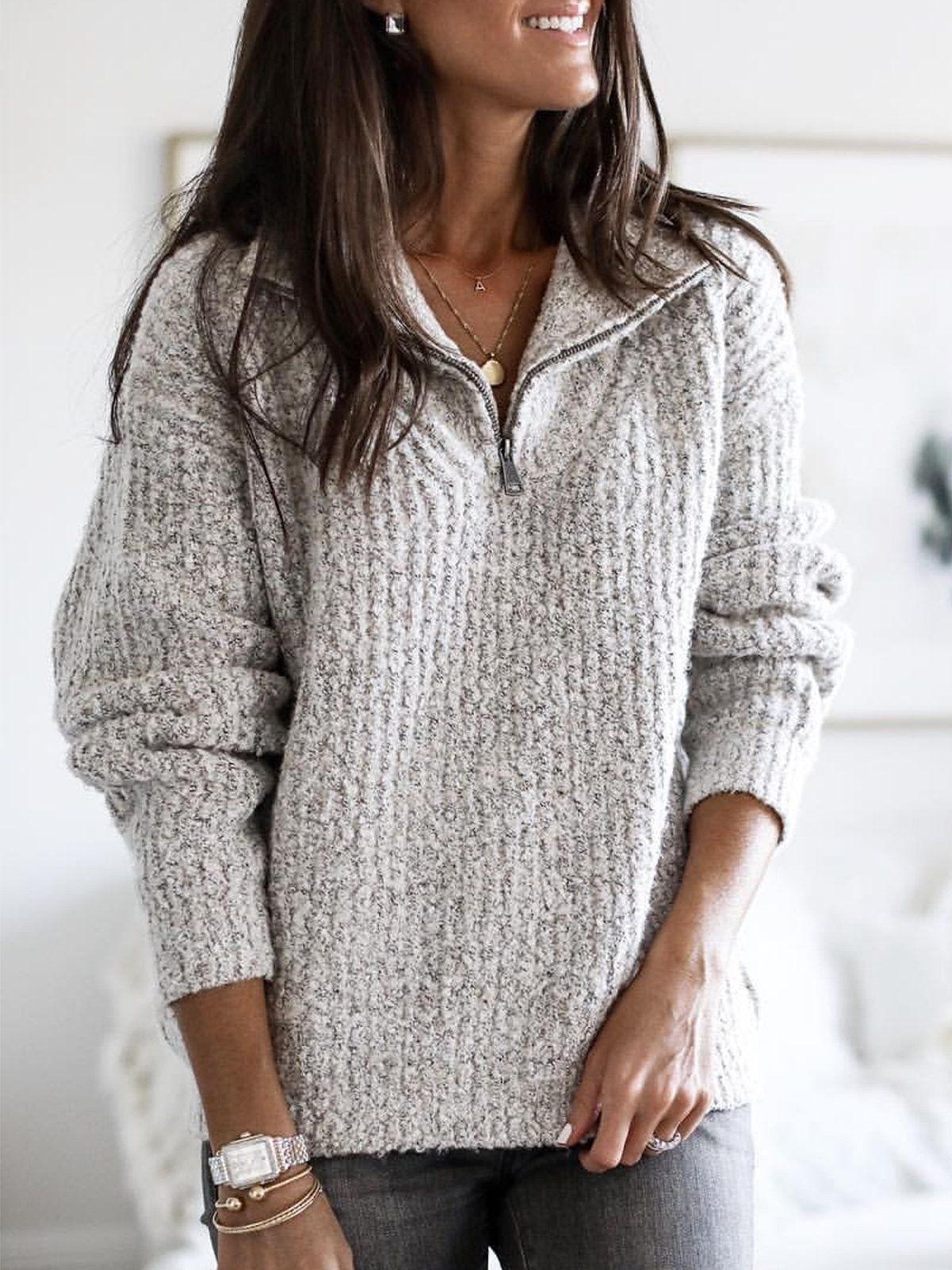 Women's Zip-Up Knit Pullover Sweater Long Sleeve Crew Neck