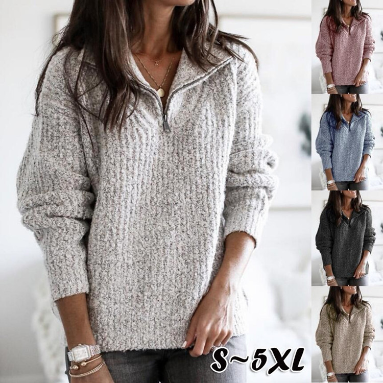 Women's Zip-Up Knit Pullover Sweater Long Sleeve Crew Neck