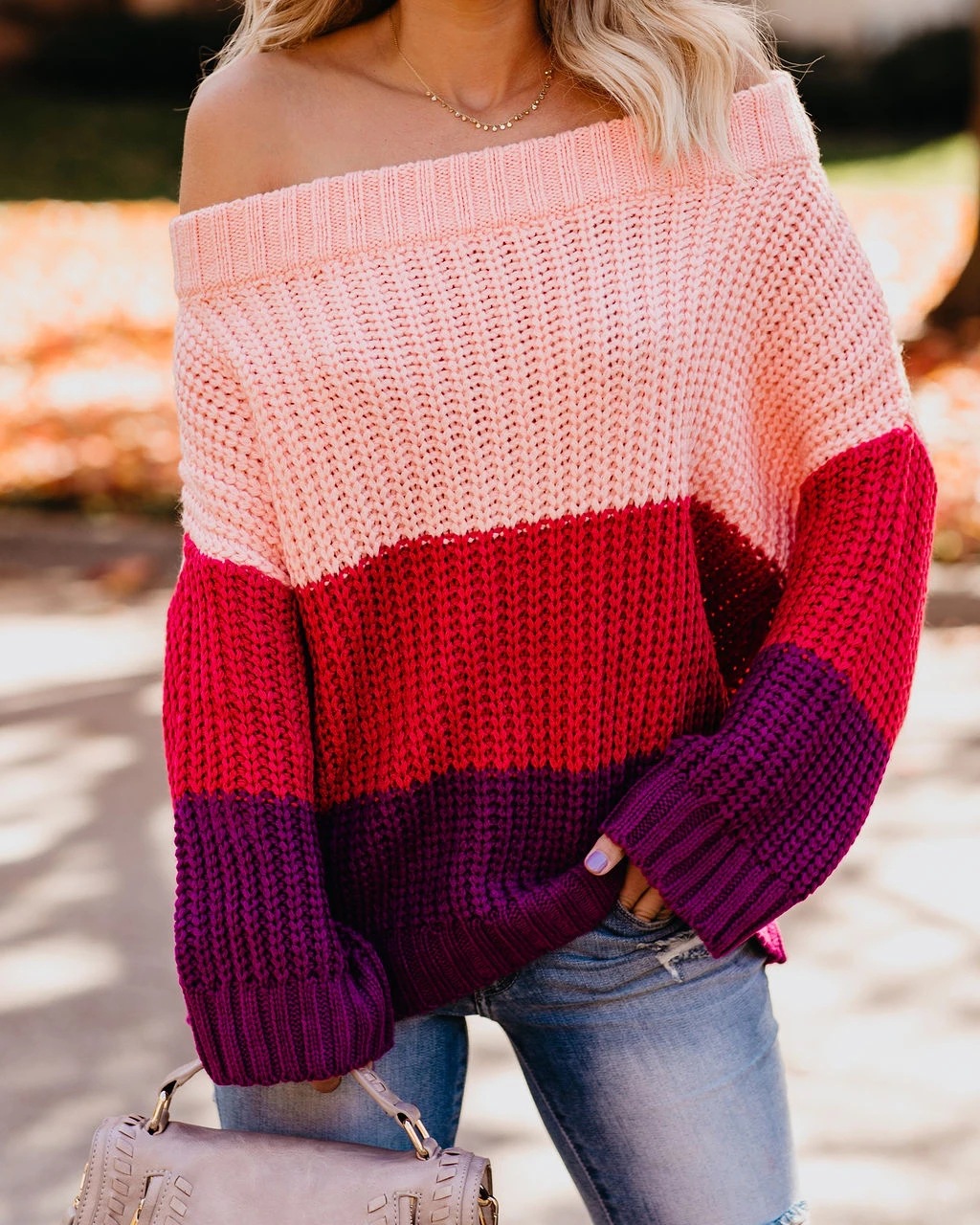 Women's Off-Shoulder Ribbed Knit Sweater Long Sleeve