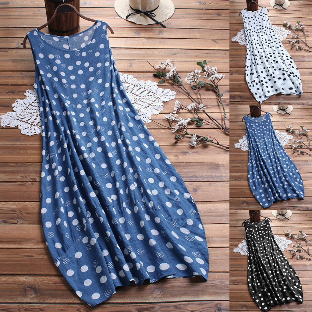 Women's Sleeveless Polka Dot Dress with Ruched Waist and Off-Shoulder Design