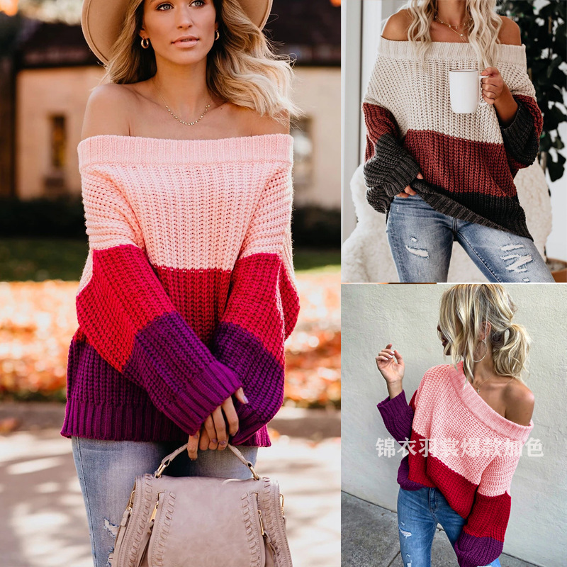 Women's Off-Shoulder Ribbed Knit Sweater Long Sleeve