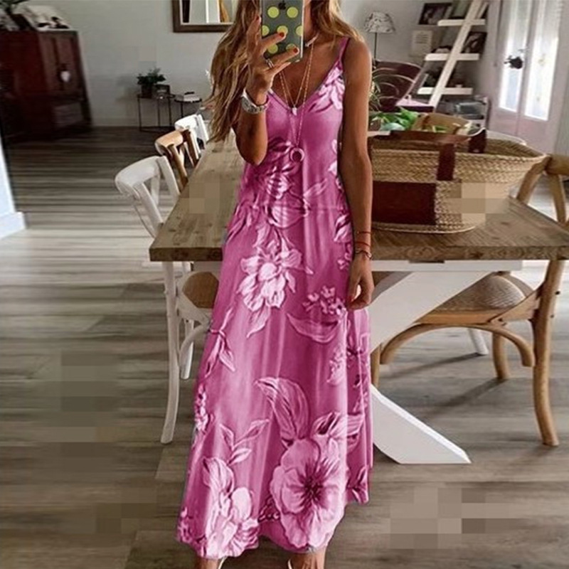 Women's Summer Sleeveless V-Neck A-Line Maxi Dress with Digital Print