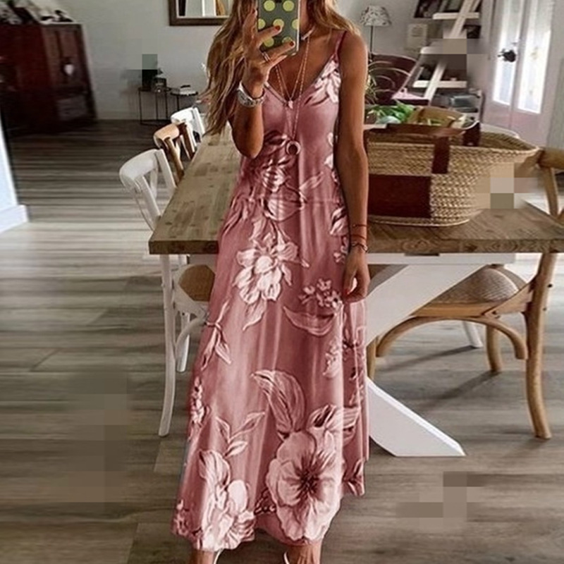 Women's Summer Sleeveless V-Neck A-Line Maxi Dress with Digital Print