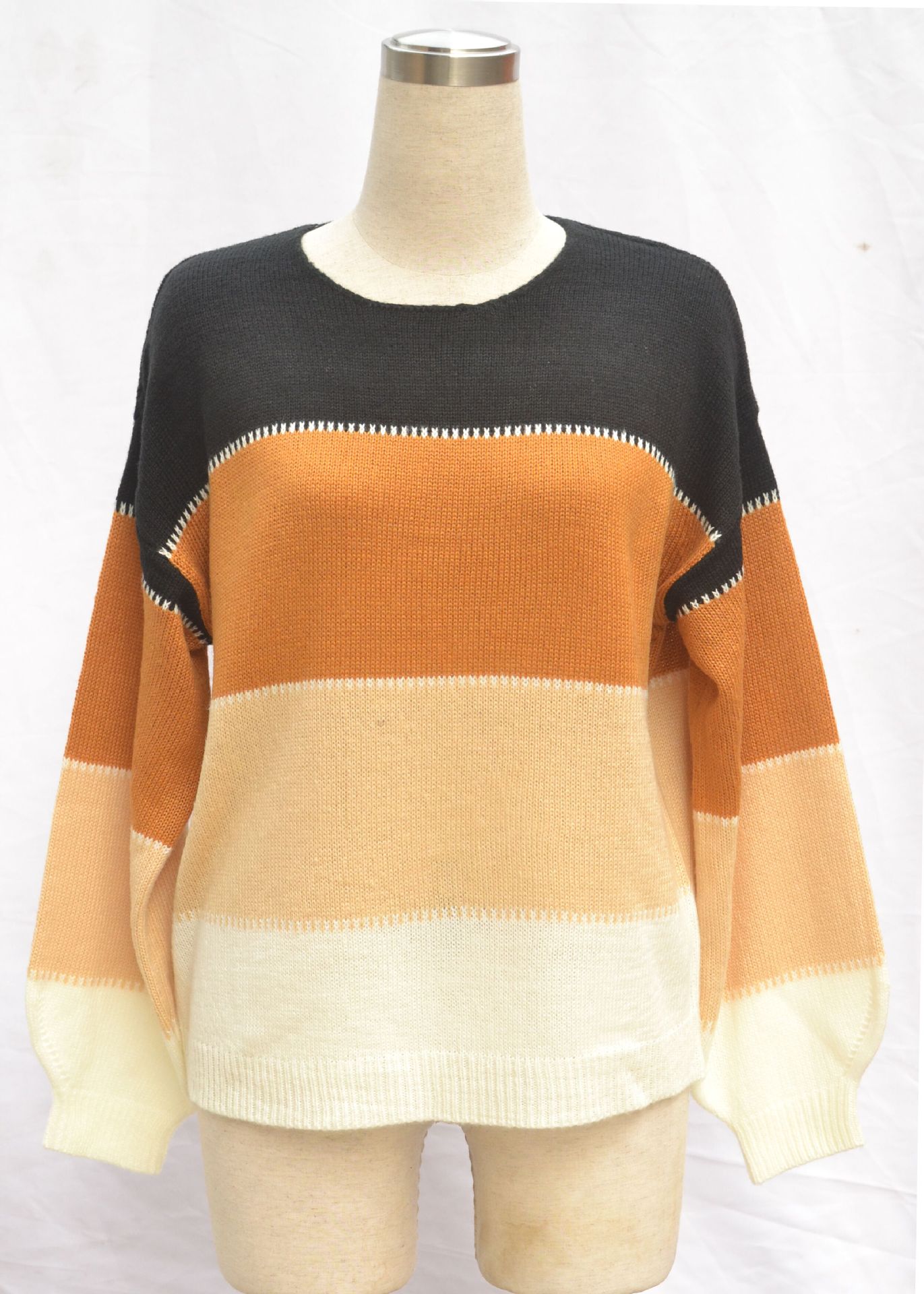 Women's Color-Block Crewneck Midi Loose Knit Sweater