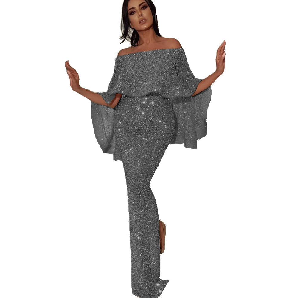 Sparkling Strapless One-Shoulder Bodycon Dress with Back Ruffle and Slit
