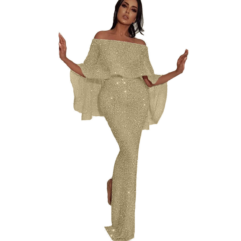 Sparkling Strapless One-Shoulder Bodycon Dress with Back Ruffle and Slit