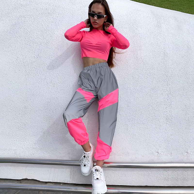 Reflective Sequin Patchwork Joggers Mid-Rise Streetwear Pants