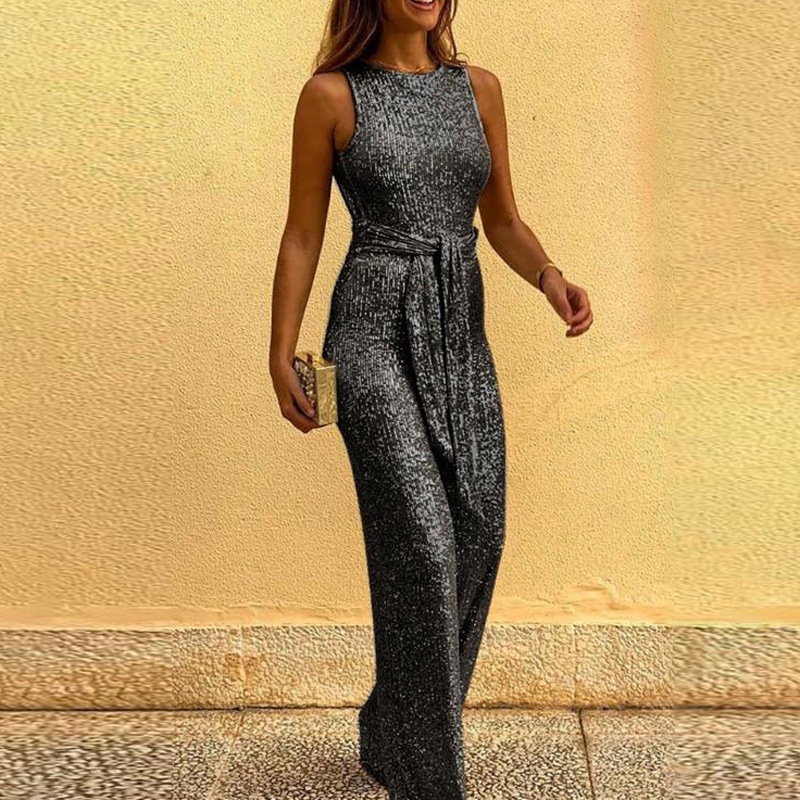 Women's Sleeveless Sequin Jumpsuit with Round Neck
