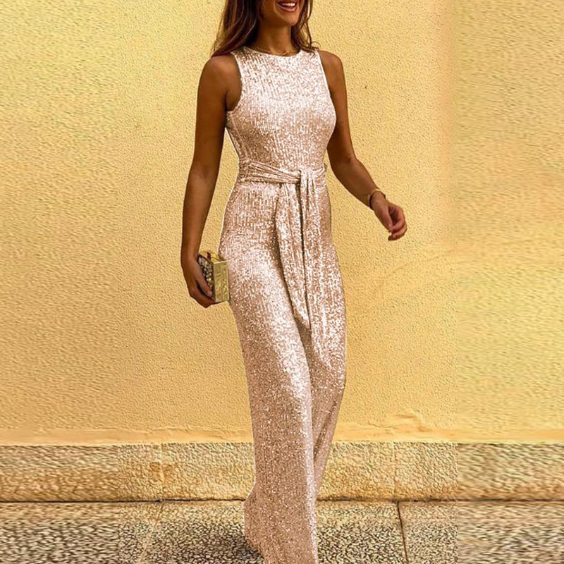 Women's Sleeveless Sequin Jumpsuit with Round Neck