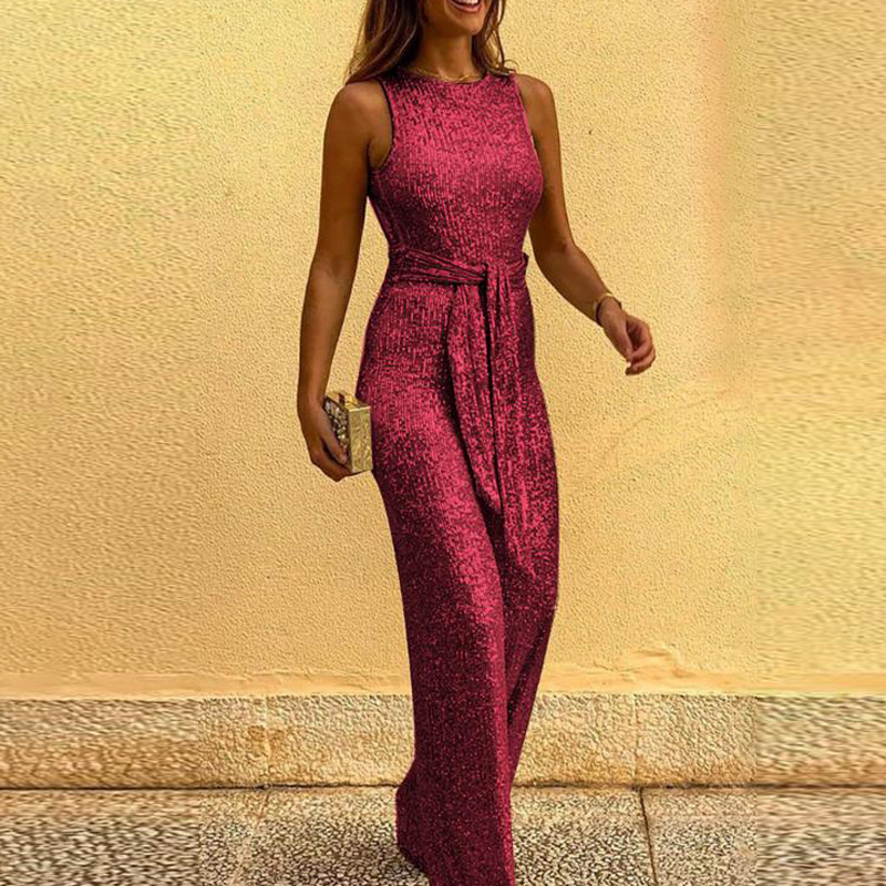 Women's Sleeveless Sequin Jumpsuit with Round Neck