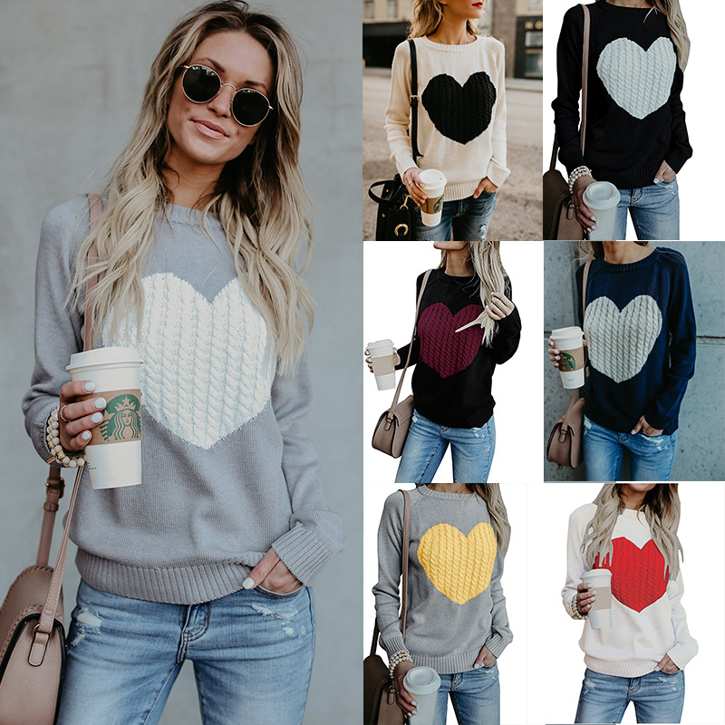 Women's Heart Print Knit Pullover Sweater