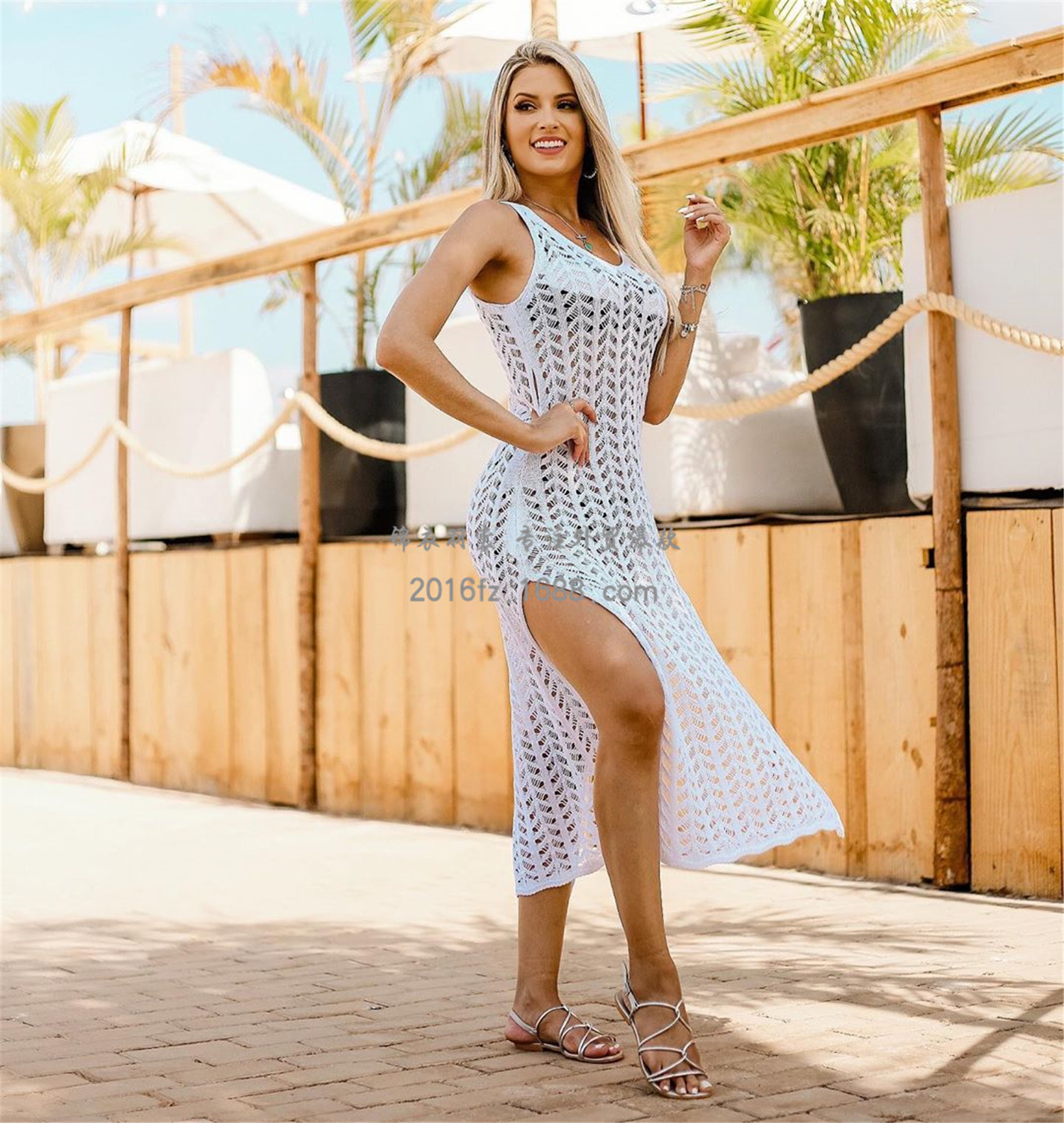 Women's Open Knit Cover-Up Beach Dress V-Neck Long Sleeve