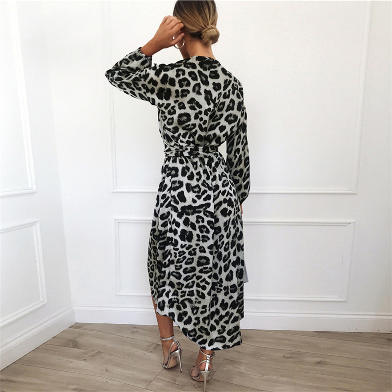 Leopard Print V-Neck Chiffon High-Waist Tie Irregular Dress