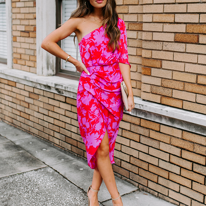 Sexy One-Shoulder Open-Back Print Midi Dress
