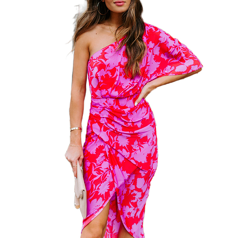 Sexy One-Shoulder Open-Back Print Midi Dress