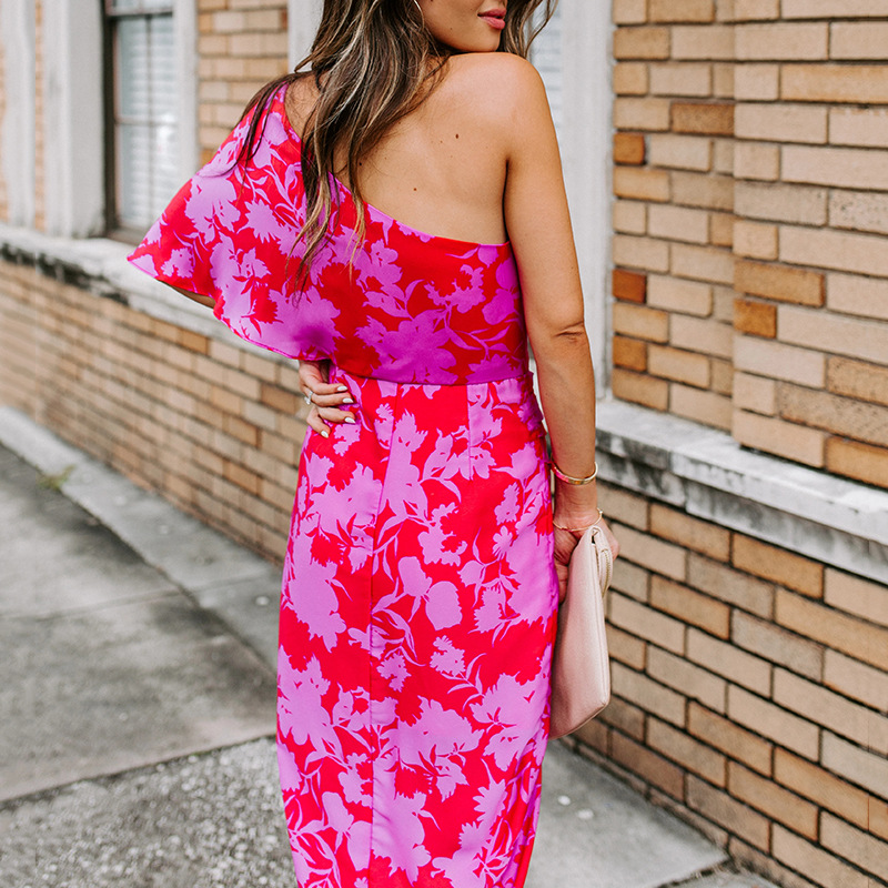 Sexy One-Shoulder Open-Back Print Midi Dress