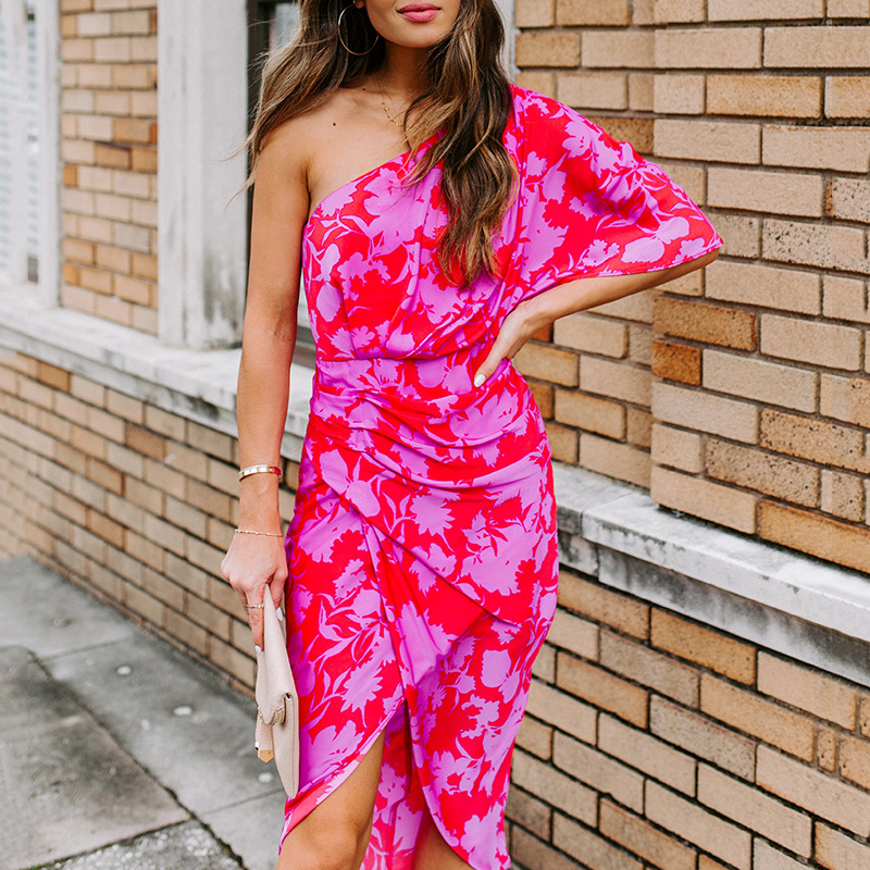 Sexy One-Shoulder Open-Back Print Midi Dress