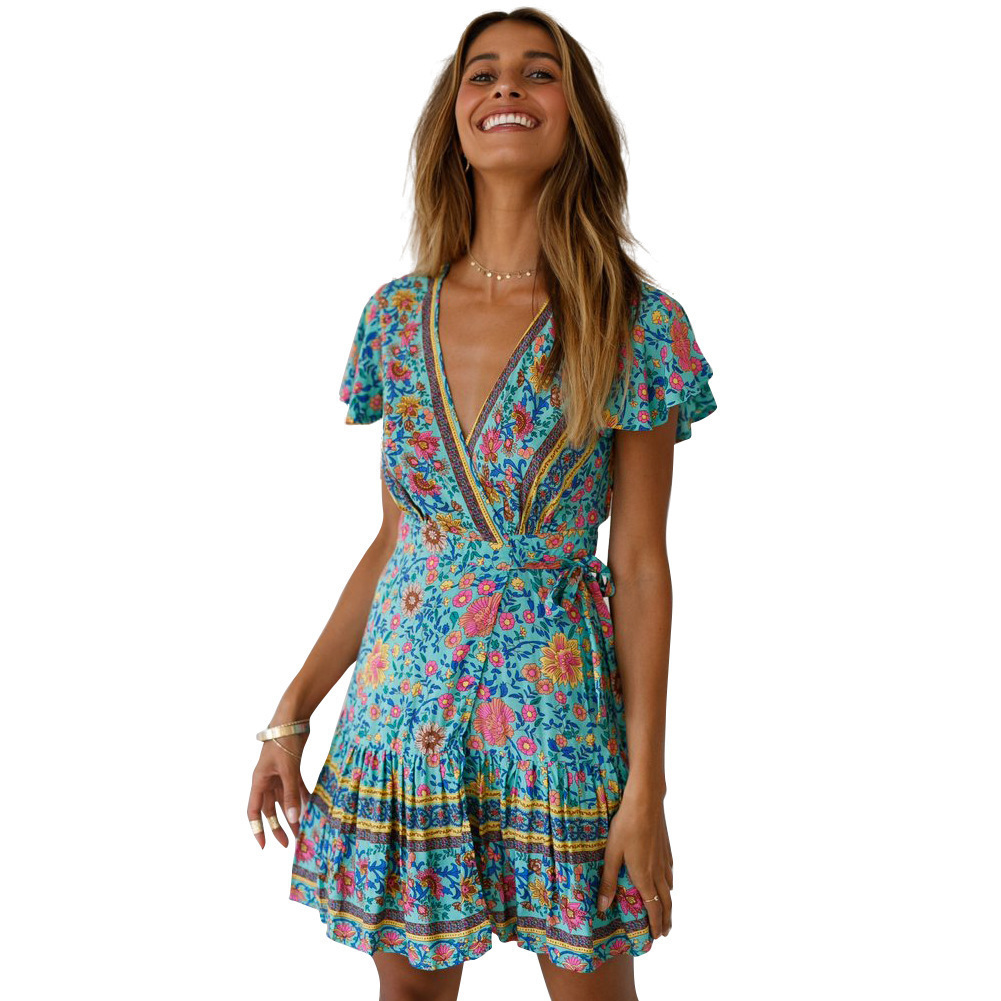 V-Neck Boho Print Short Dress Short Sleeve High Waist