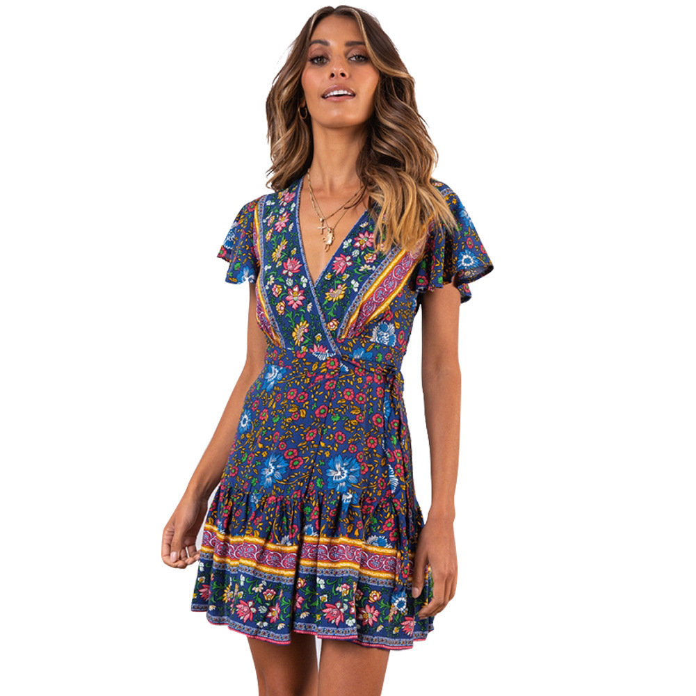 V-Neck Boho Print Short Dress Short Sleeve High Waist